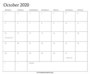 october 2020 calendar printable with holidays