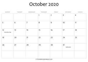 october 2020 editable calendar with holidays