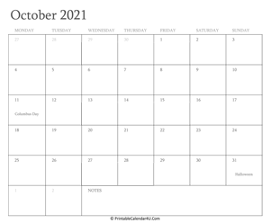 October 2021 Editable Calendar with Holidays