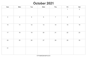 october 2021 calendar printable landscape layout