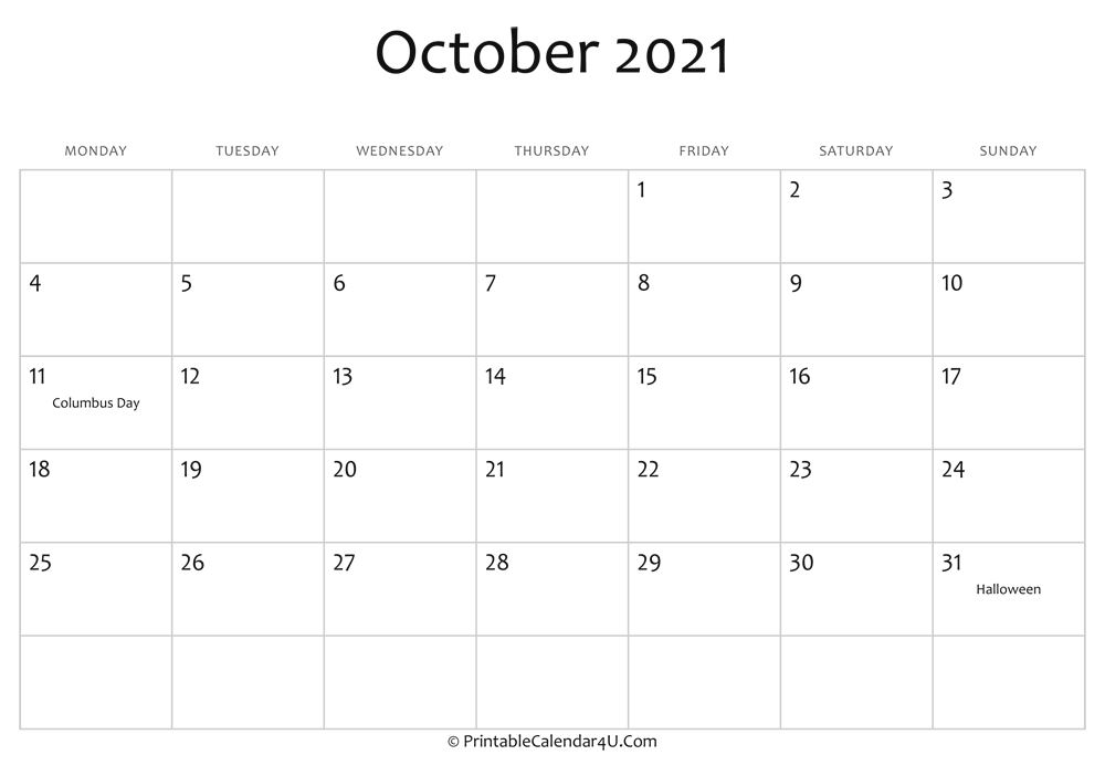 october 2021 editable calendar with holidays