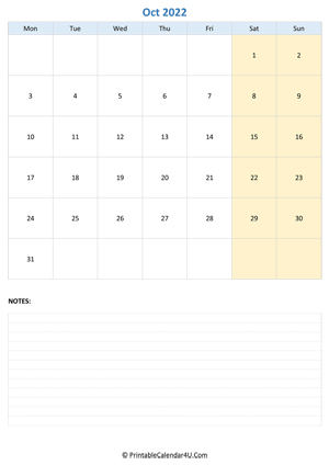 october 2022 calendar editable with notes vertical layout