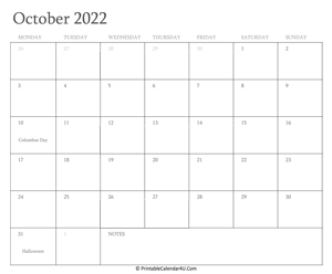 october 2022 calendar printable with holidays