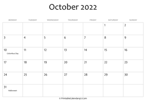 october 2022 editable calendar with holidays