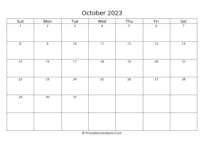 october 2023 calendar printable landscape layout