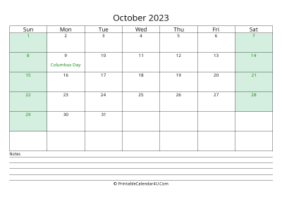 october 2023 calendar with us holidays and notes landscape layout