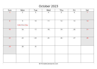 october 2023 calendar with us holidays highlighted landscape layout