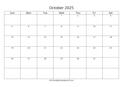 october 2025 calendar printable landscape layout
