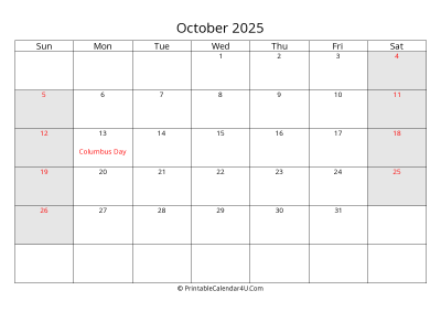 october 2025 calendar with us holidays highlighted landscape layout