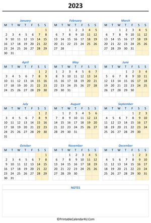 printable 2023 calendar with notes