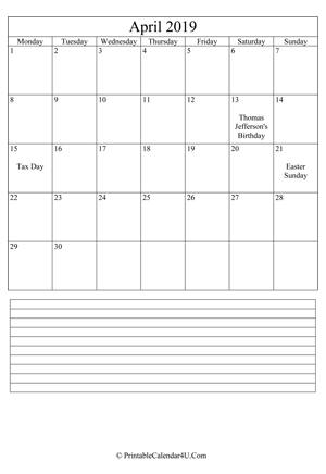 printable april calendar 2019 with notes (portrait layout)