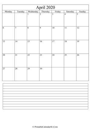 printable april calendar 2020 with notes (portrait layout)