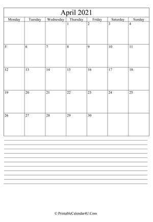 printable april calendar 2021 with notes