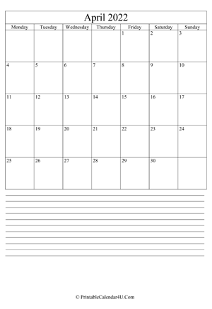 printable april calendar 2022 with notes (portrait layout)