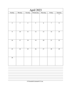 printable april calendar 2023 with notes (portrait layout)