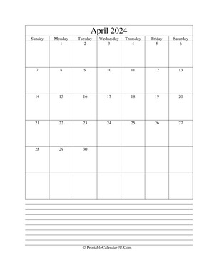 printable april calendar 2024 with notes (portrait layout)