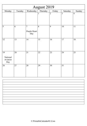 printable august calendar 2019 with notes (portrait layout)