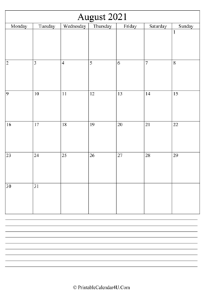 printable august calendar 2021 with notes (portrait layout)