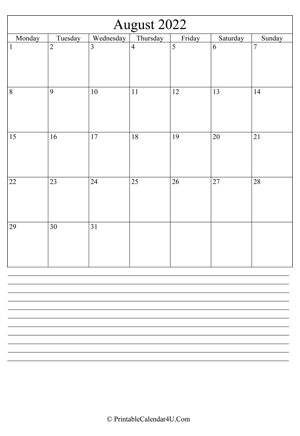 printable august calendar 2022 with notes (portrait layout)
