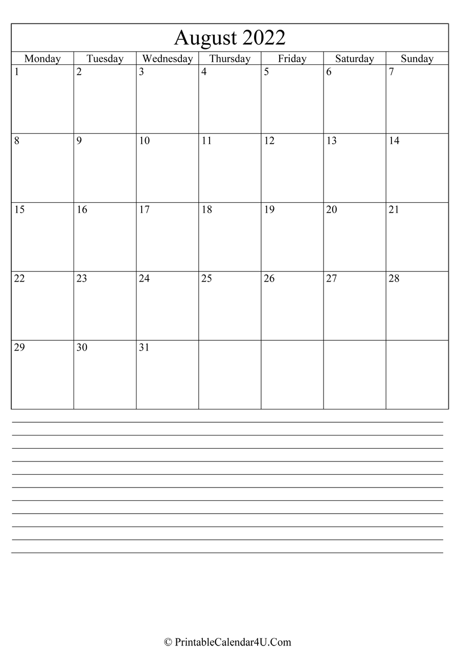 printable august calendar 2022 with notes in portrait layout