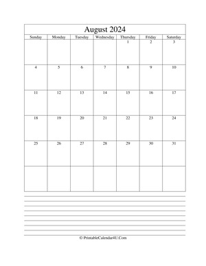 printable august calendar 2024 with notes (portrait layout)
