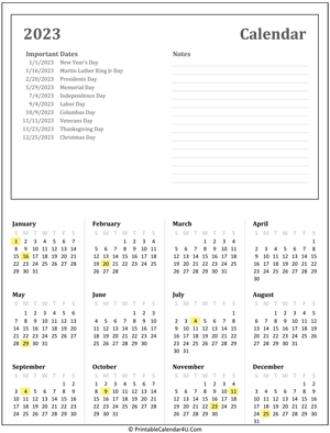 printable calendar 2023 with holidays and notes