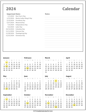 printable calendar 2024 with holidays and notes