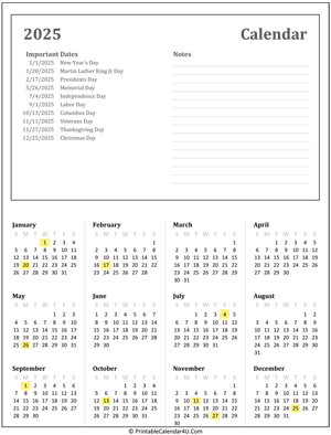 printable calendar 2025 with holidays and notes