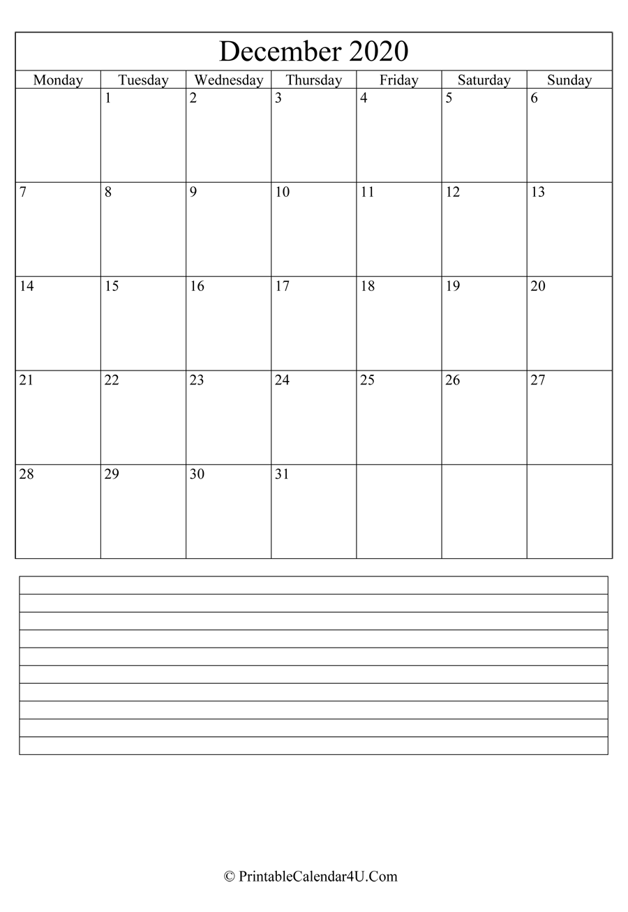 printable december calendar 2020 with notes in portrait layout