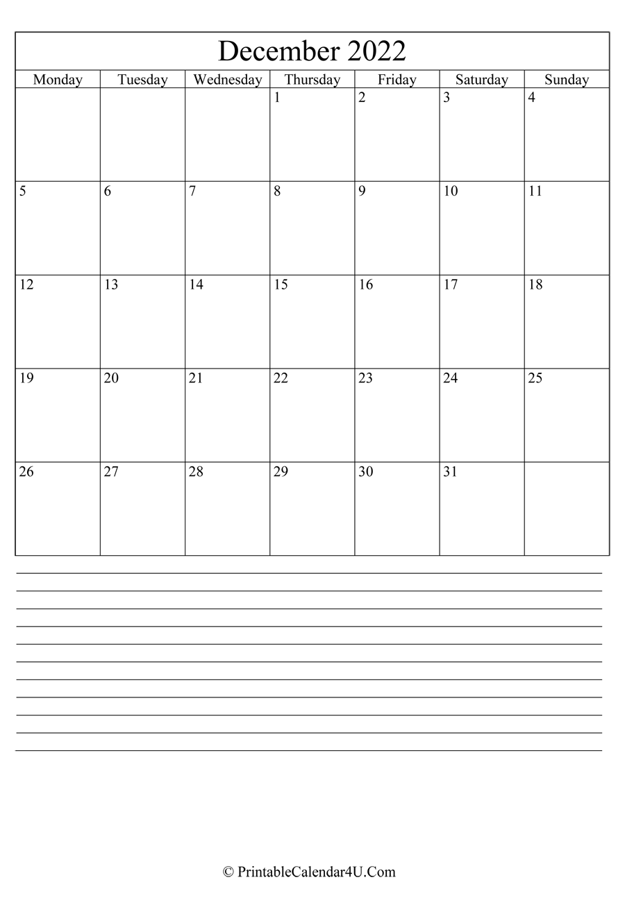 Printable December Calendar 2022 With Notes Portrait