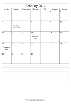 printable february calendar 2019 with notes