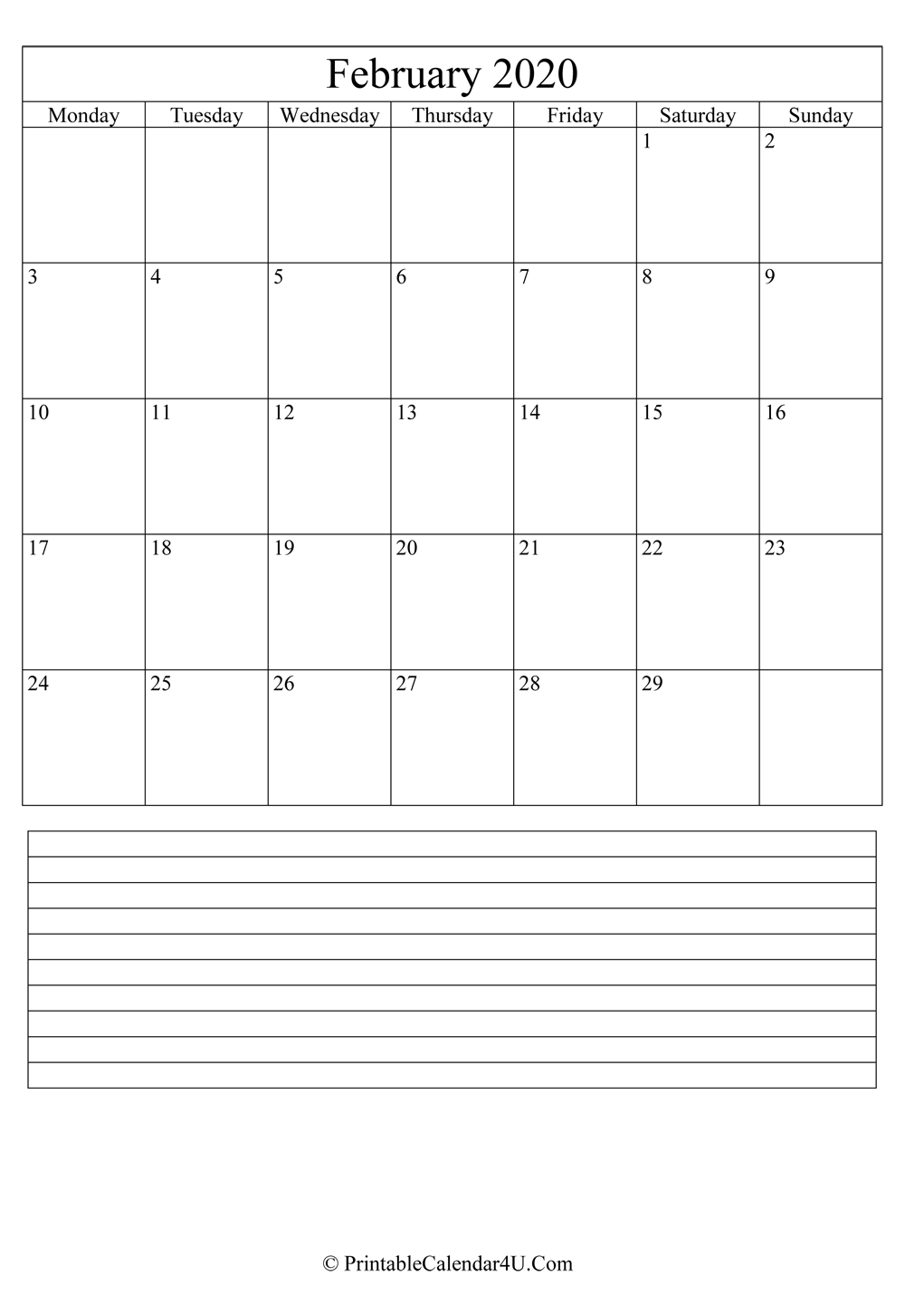 printable february calendar 2020 with notes in portrait layout