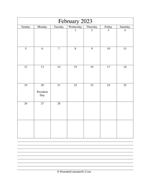 printable february calendar 2023 with notes (portrait layout)