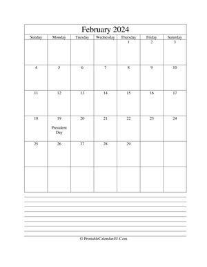 printable february calendar 2024 with notes (portrait layout)