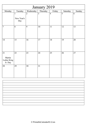 printable january calendar 2019 with notes (portrait layout)
