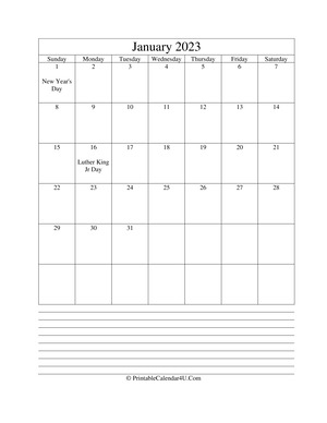 printable january calendar 2023 with notes (portrait layout)