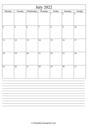 printable july calendar 2022 with notes (portrait layout)