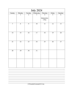 printable july calendar 2024 with notes (portrait layout)