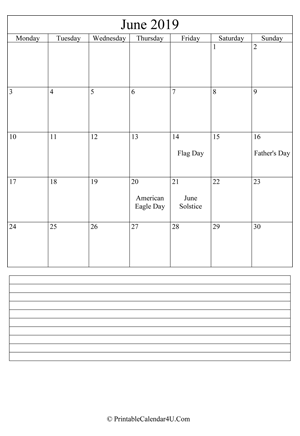 printable june calendar 2019 with notes (portrait layout)