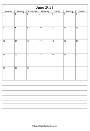 printable june calendar 2021 with notes
