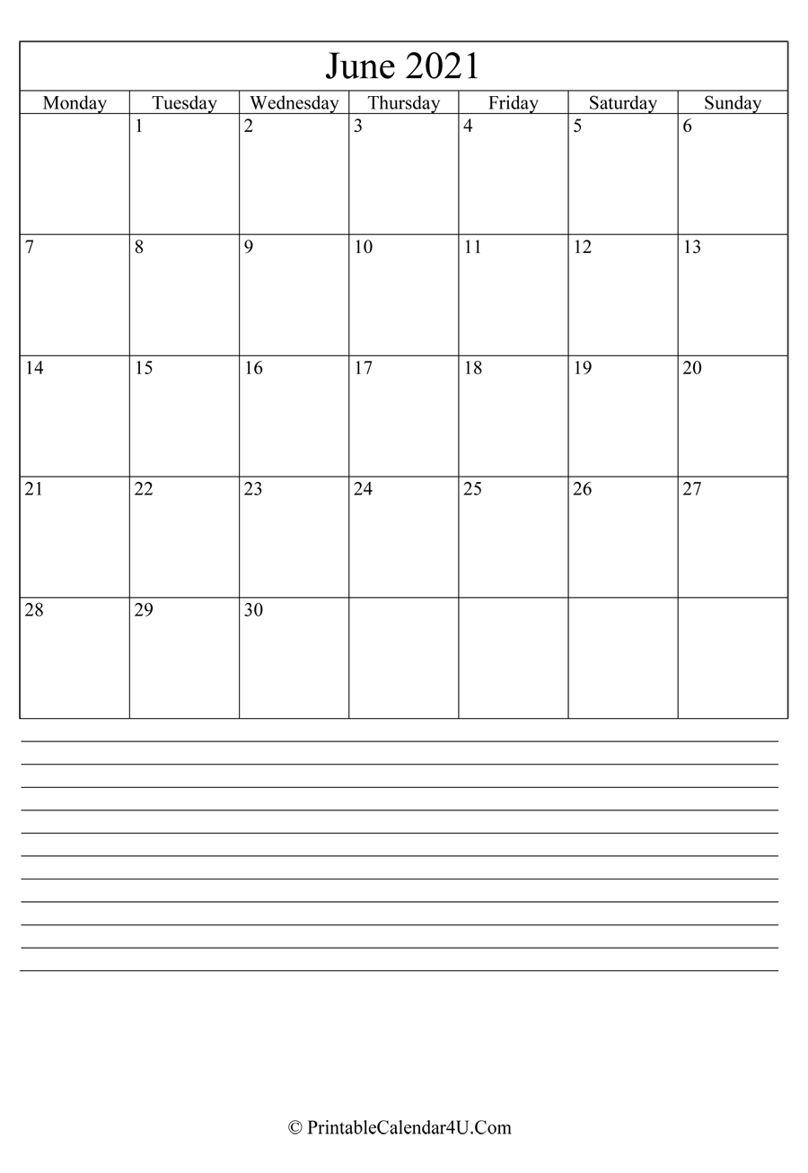 printable june calendar 2021 with notes portrait