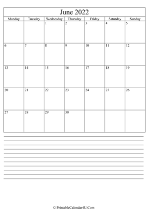 printable june calendar 2022 with notes (portrait layout)