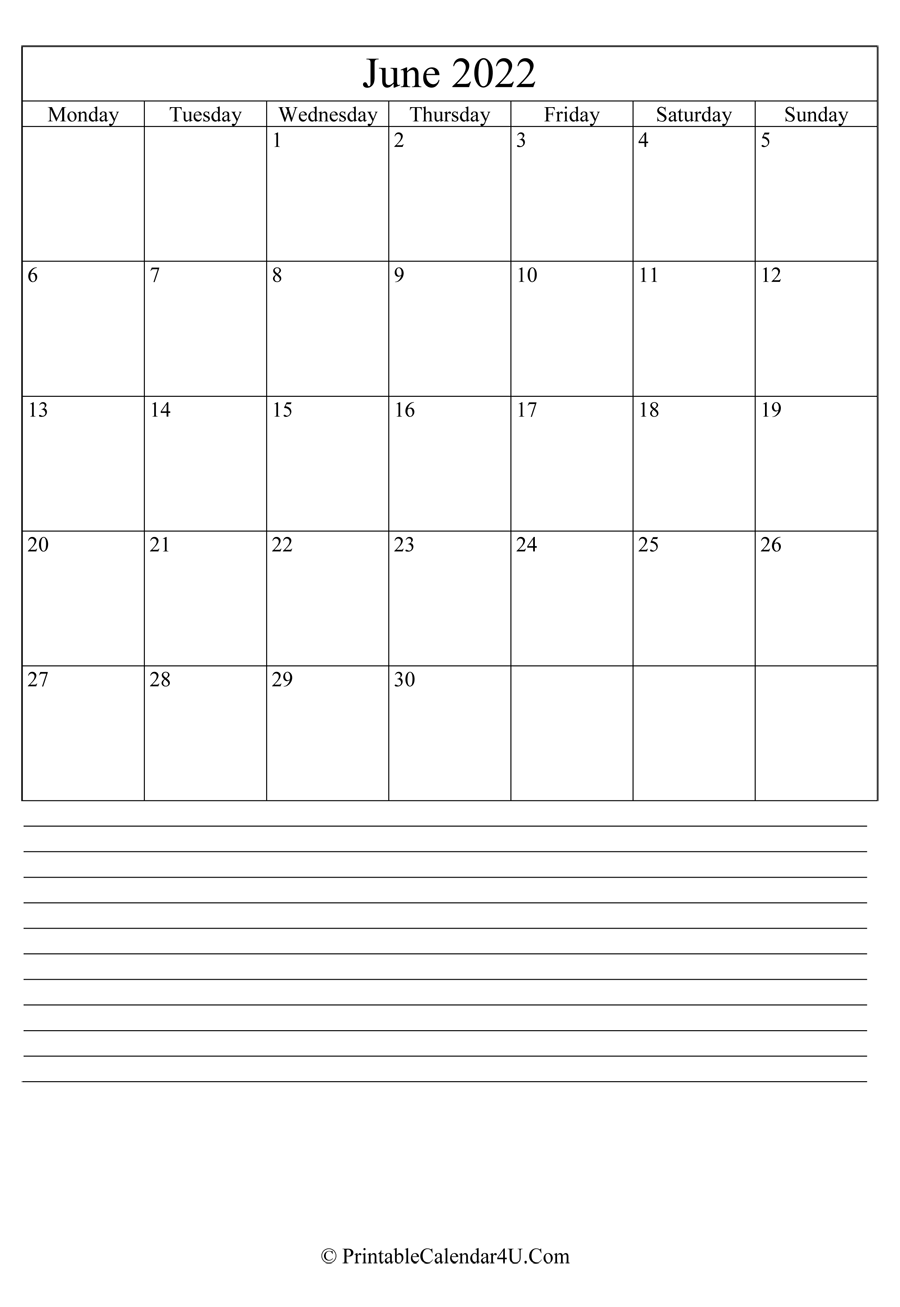 printable june calendar 2022 with notes in portrait layout