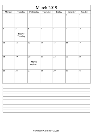printable march calendar 2019 with notes (portrait layout)