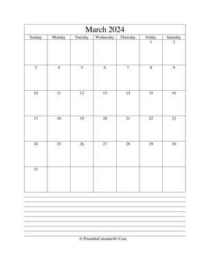 printable march calendar 2024 with notes (portrait layout)