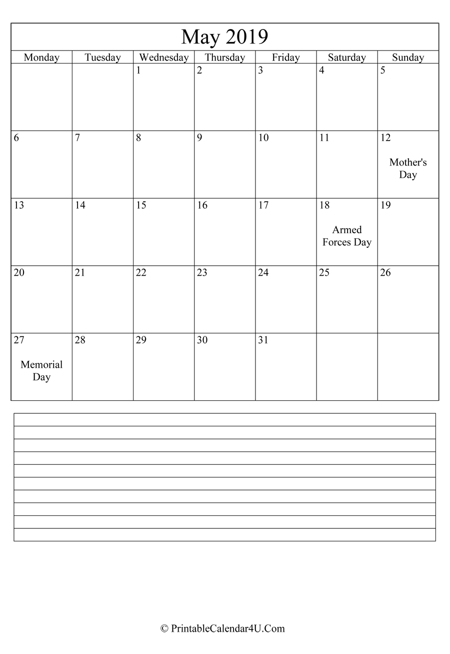 Printable May Calendar 2019 with notes (Portrait)