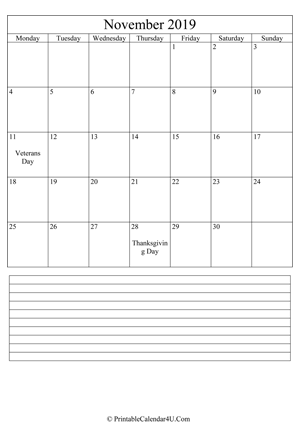 printable november calendar 2019 with notes (portrait layout)