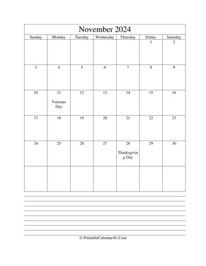 printable november calendar 2024 with notes (portrait layout)