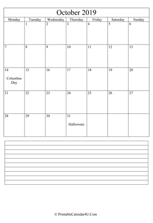 printable october calendar 2019 with notes