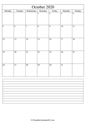 printable october calendar 2020 with notes (portrait layout)